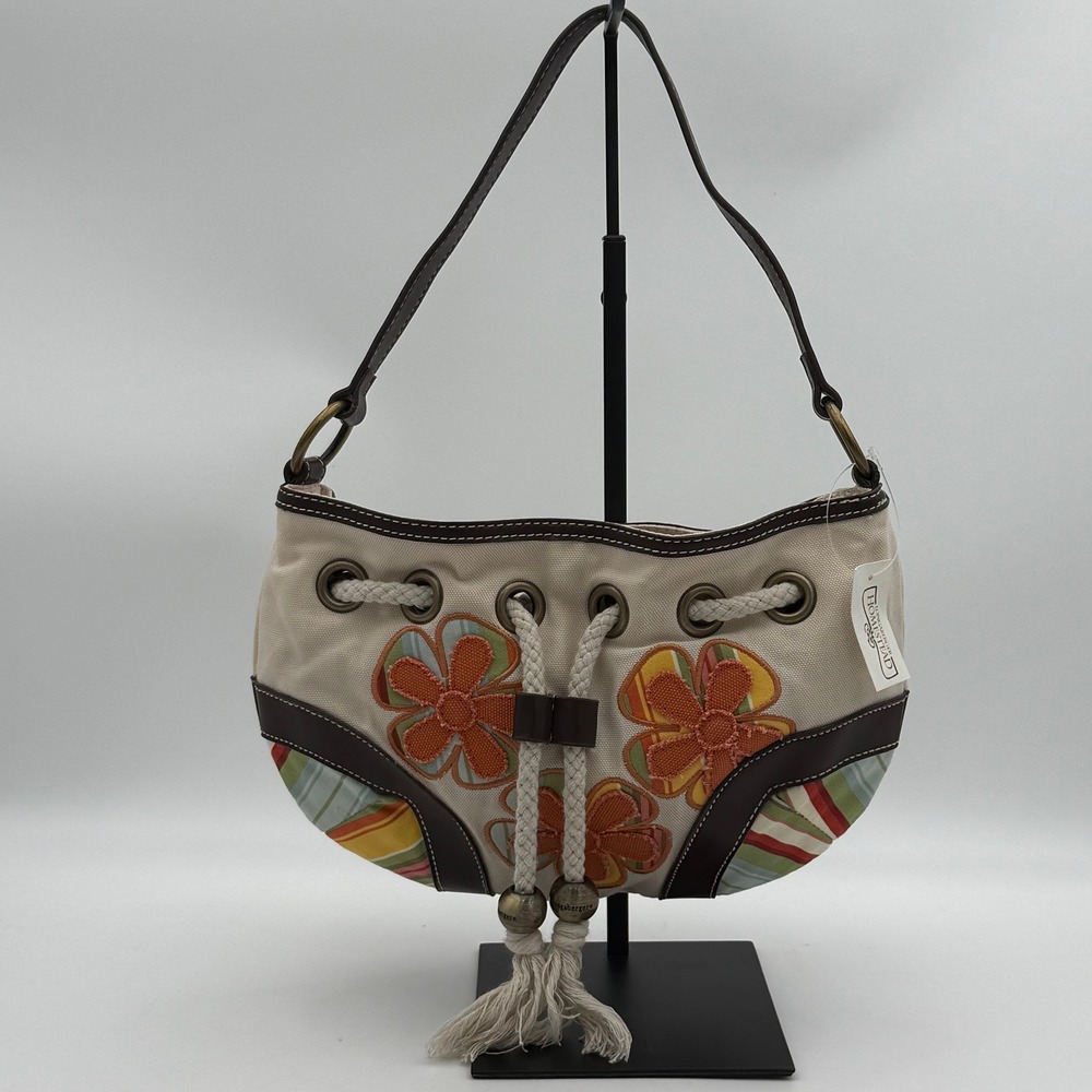 Longaberger Homestead Canvas Floral Applique Shoulder Bag Cream Brown Striped